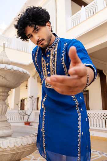 Buy_Pomcha Jaipur_Blue Organza Shahi Neel Zardozi Hand Embroidered Kurta Set _Online_at_Aza_Fashions