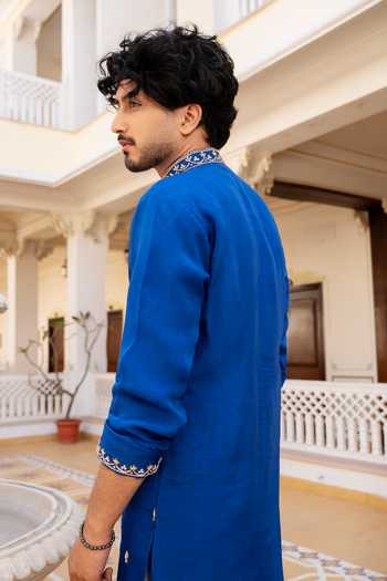 Shop_Pomcha Jaipur_Blue Organza Shahi Neel Zardozi Hand Embroidered Kurta Set _at_Aza_Fashions