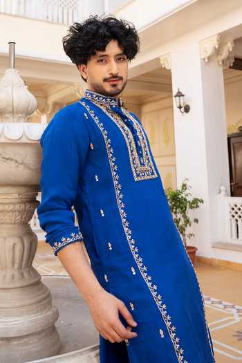 Pomcha Jaipur_Blue Organza Shahi Neel Zardozi Hand Embroidered Kurta Set _at_Aza_Fashions