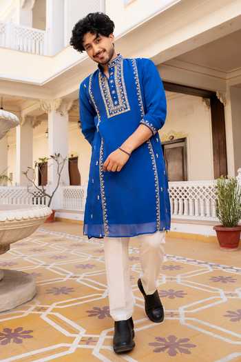 Pomcha Jaipur_Blue Organza Shahi Neel Zardozi Hand Embroidered Kurta Set _Online