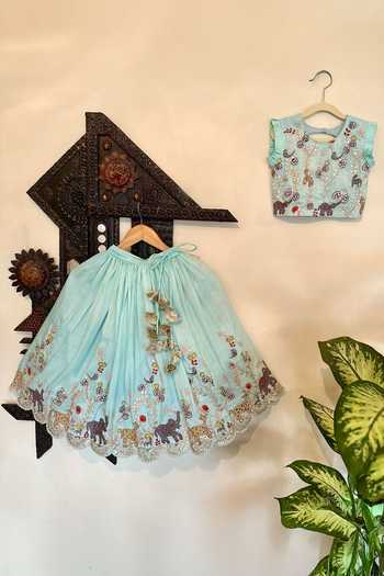 Shop_Rage Attire-Sweta Saria_Sky Blue Silk, Bemberg Safari Embroidered Lehenga And Blouse Set _at_Aza_Fashions