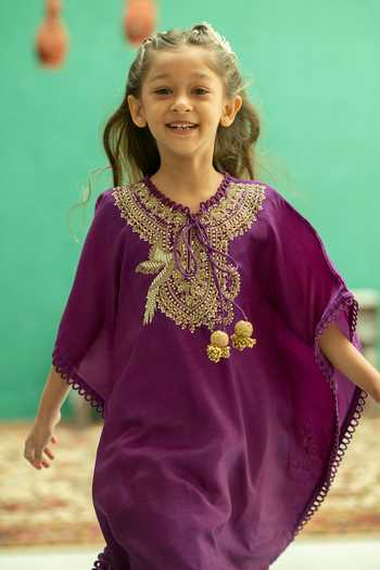 Rage Attire-Sweta Saria_Purple Silk, Bemberg Bird Zardozi Work Kaftan And Pant Set _Online_at_Aza_Fashions