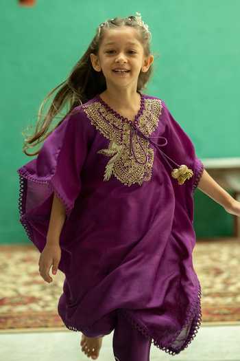 Buy_Rage Attire-Sweta Saria_Purple Silk, Bemberg Bird Zardozi Work Kaftan And Pant Set _Online_at_Aza_Fashions