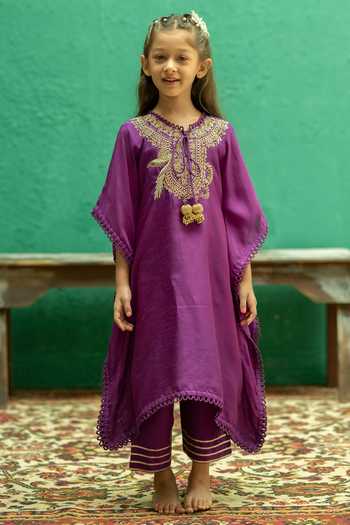 Rage Attire-Sweta Saria_Purple Silk, Bemberg Bird Zardozi Work Kaftan And Pant Set _at_Aza_Fashions