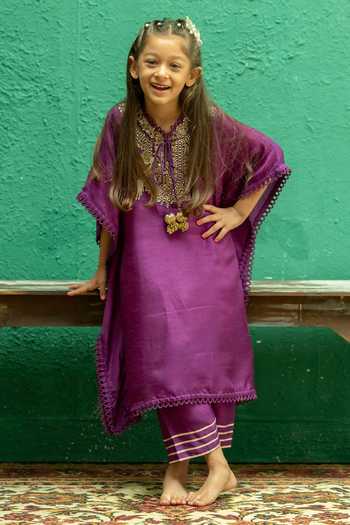 Buy_Rage Attire-Sweta Saria_Purple Silk, Bemberg Bird Zardozi Work Kaftan And Pant Set _at_Aza_Fashions