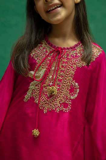 Shop_Rage Attire-Sweta Saria_Pink Silk, Bemberg Bird Zardozi Kaftan And Pant Set _at_Aza_Fashions