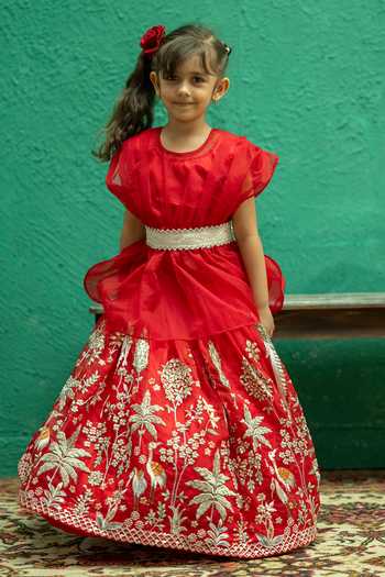 Buy_Rage Attire-Sweta Saria_Red Organza, Satin Flamingo Floral Embroidered Lehenga And Top Set _Online_at_Aza_Fashions