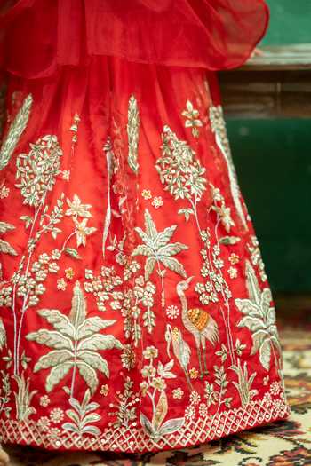 Rage Attire-Sweta Saria_Red Organza, Satin Flamingo Floral Embroidered Lehenga And Top Set _at_Aza_Fashions