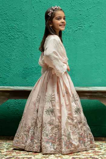 Rage Attire-Sweta Saria_Peach Silk, Bemberg Flamingo And Floral Embroidered Lehenga With Top _Online