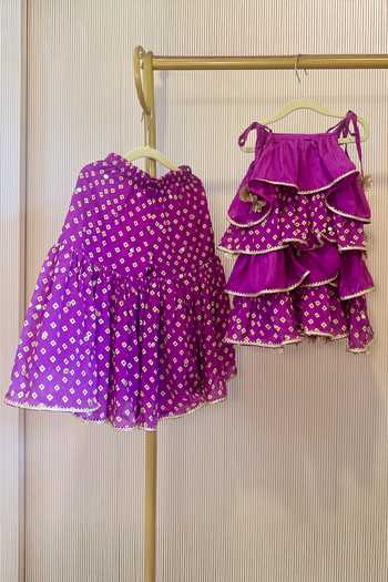 Buy_Rage Attire-Sweta Saria_Purple Chinon Bandhani Sharara And Tiered Top Set _at_Aza_Fashions