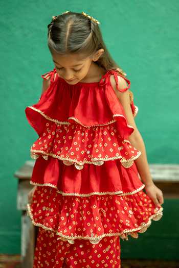 Rage Attire-Sweta Saria_Red Chinon Bandhani Sharara And Tiered Top Set _Online_at_Aza_Fashions
