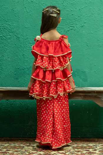 Shop_Rage Attire-Sweta Saria_Red Chinon Bandhani Sharara And Tiered Top Set _at_Aza_Fashions