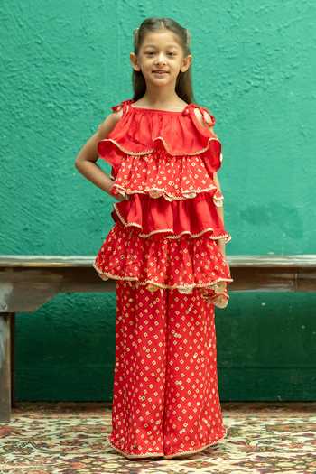Buy_Rage Attire-Sweta Saria_Red Chinon Bandhani Sharara And Tiered Top Set _at_Aza_Fashions