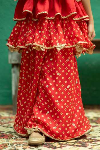 Shop_Rage Attire-Sweta Saria_Red Chinon Bandhani Sharara And Tiered Top Set _Online_at_Aza_Fashions