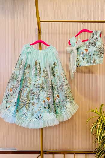 Shop_Rage Attire-Sweta Saria_Sky Blue Organza Flamingo And Floral Embroidered Lehenga With Blouse _at_Aza_Fashions