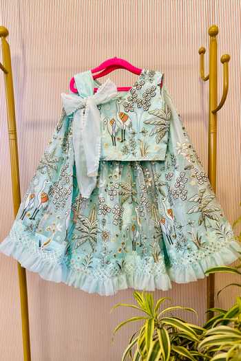 Buy_Rage Attire-Sweta Saria_Sky Blue Organza Flamingo And Floral Embroidered Lehenga With Blouse _at_Aza_Fashions