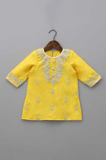 Shop_Rage Attire-Sweta Saria_Yellow Silk, Bemberg Pearl Embroidered Kurta And Sharara Set _at_Aza_Fashions