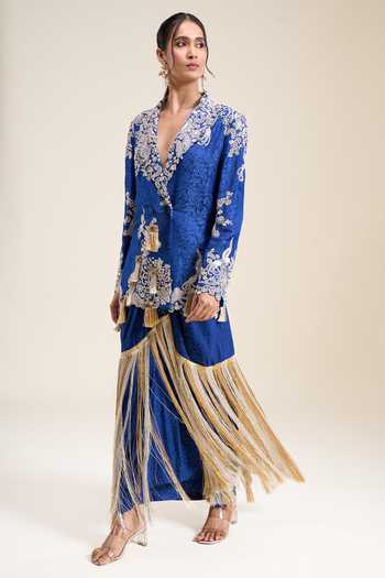 Buy_Anamika Khanna_Blue Floral Embroidered Blazer And Draped Skirt Set _at_Aza_Fashions