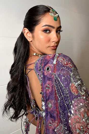 Shop_Mahima Mahajan_Purple Organza, Silk, Chanderi Sequins, Mirrors, Floral Print And Lehenga Set _at_Aza_Fashions