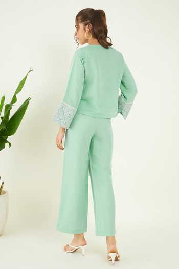 Shop_Bohobi_Green Linen Embroidery Open Neck Dori Placement Top With Pant _at_Aza_Fashions