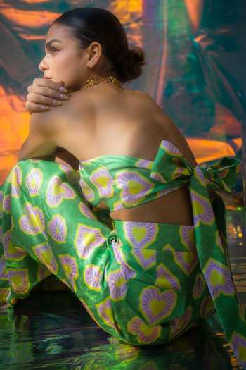 Shop_Papa Don't Preach Pret_Green Satin Halter Neck Blinding Hearts Print Bralette And Flared Pant Set _at_Aza_Fashions