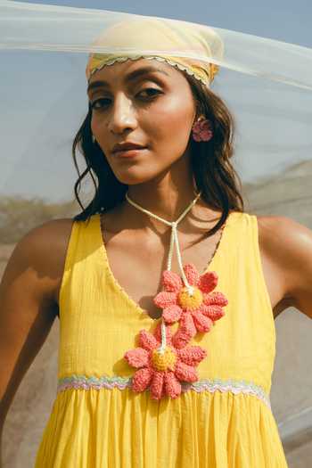 Buy_Nimbu Mirchi_Yellow Cotton, Linen V-neck Surajmukhi Slub Dress _Online_at_Aza_Fashions