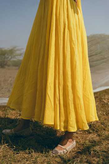 Shop_Nimbu Mirchi_Yellow Cotton, Linen V-neck Surajmukhi Slub Dress _Online_at_Aza_Fashions
