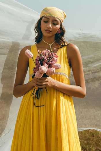 Nimbu Mirchi_Yellow Cotton, Linen V-neck Surajmukhi Slub Dress _at_Aza_Fashions