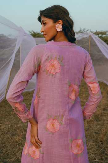 Nimbu Mirchi_Purple Cotton, Linen Split V-neck, Yes Angoori Floral Print Kurta And Pant Set _Online_at_Aza_Fashions