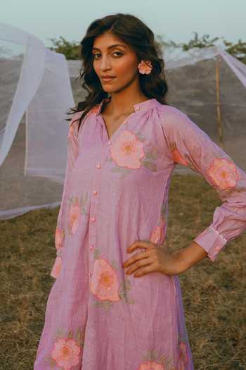 Buy_Nimbu Mirchi_Purple Cotton, Linen Split V-neck, Yes Angoori Floral Print Kurta And Pant Set _Online_at_Aza_Fashions