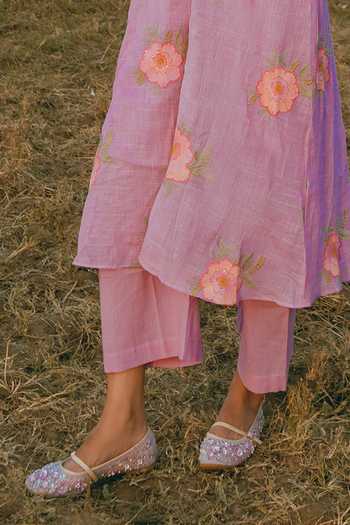 Shop_Nimbu Mirchi_Purple Cotton, Linen Split V-neck, Yes Angoori Floral Print Kurta And Pant Set _Online_at_Aza_Fashions