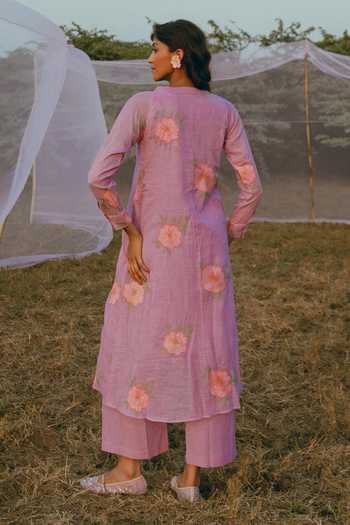 Shop_Nimbu Mirchi_Purple Cotton, Linen Split V-neck, Yes Angoori Floral Print Kurta And Pant Set _at_Aza_Fashions