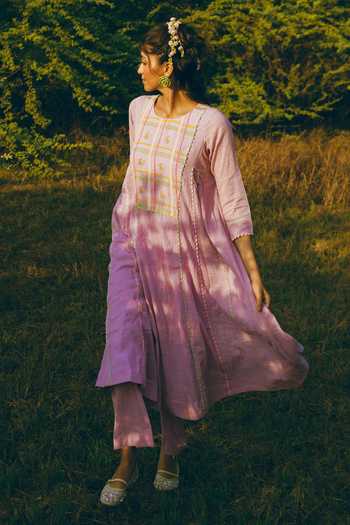 Shop_Nimbu Mirchi_Purple Cotton, Linen Round Neck, Jamun Madras Checkered Print Kurta And Pant Set _at_Aza_Fashions