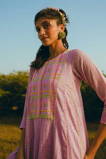 Buy_Nimbu Mirchi_Purple Cotton, Linen Round Neck, Jamun Madras Checkered Print Kurta And Pant Set _Online_at_Aza_Fashions