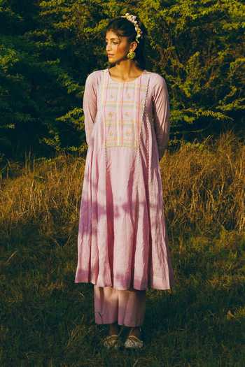 Shop_Nimbu Mirchi_Purple Cotton, Linen Round Neck, Jamun Madras Checkered Print Kurta And Pant Set _Online_at_Aza_Fashions