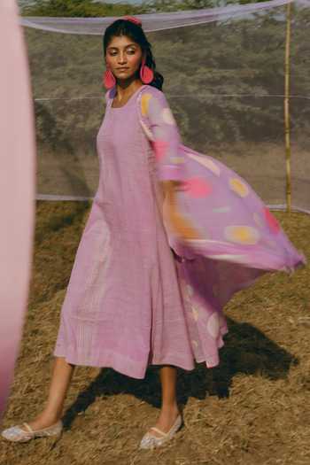 Nimbu Mirchi_Purple Cotton, Linen Round Neck, Open Sorbet Polka Dot Print Jacket With Dress _Online_at_Aza_Fashions