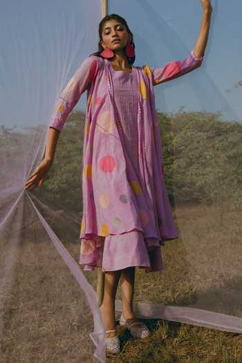 Shop_Nimbu Mirchi_Purple Cotton, Linen Round Neck, Open Sorbet Polka Dot Print Jacket With Dress _Online_at_Aza_Fashions