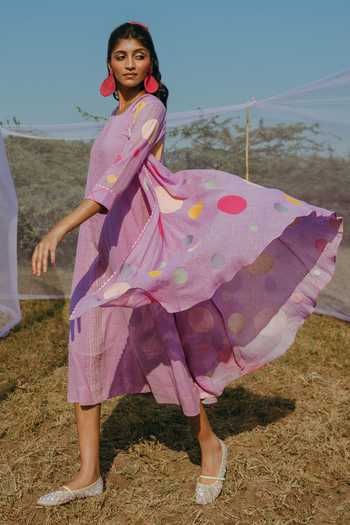 Nimbu Mirchi_Purple Cotton, Linen Round Neck, Open Sorbet Polka Dot Print Jacket With Dress _at_Aza_Fashions