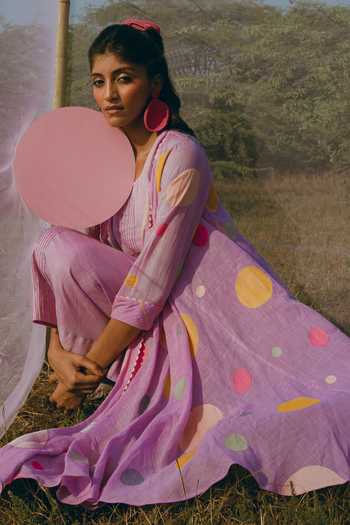 Buy_Nimbu Mirchi_Purple Cotton, Linen Round Neck, Open Sorbet Polka Dot Print Jacket With Dress 