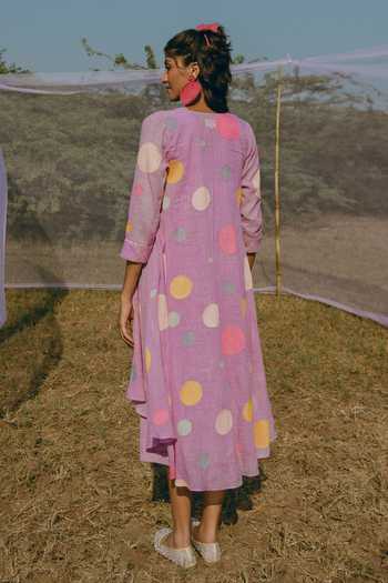 Shop_Nimbu Mirchi_Purple Cotton, Linen Round Neck, Open Sorbet Polka Dot Print Jacket With Dress _at_Aza_Fashions