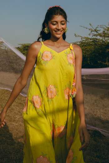 Nimbu Mirchi_Green Cotton, Linen V-neck Pistakulfi Printed Dress _Online_at_Aza_Fashions