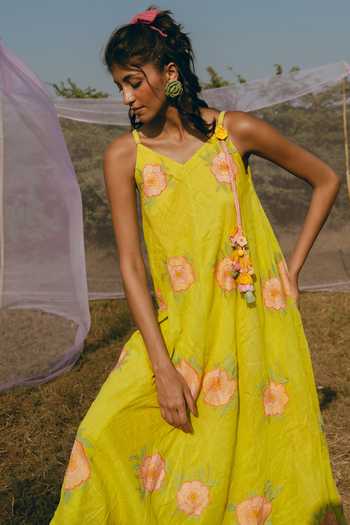 Buy_Nimbu Mirchi_Green Cotton, Linen V-neck Pistakulfi Printed Dress _Online_at_Aza_Fashions