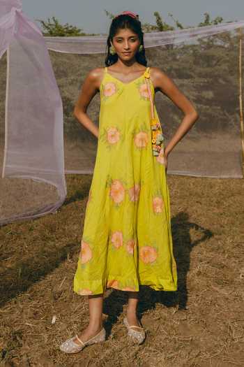 Buy_Nimbu Mirchi_Green Cotton, Linen V-neck Pistakulfi Printed Dress _at_Aza_Fashions
