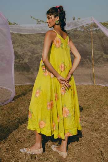 Shop_Nimbu Mirchi_Green Cotton, Linen V-neck Pistakulfi Printed Dress _at_Aza_Fashions