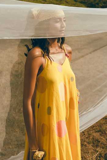 Nimbu Mirchi_Yellow Cotton, Linen V-neck Gems Polka Dot Print Dress _Online_at_Aza_Fashions