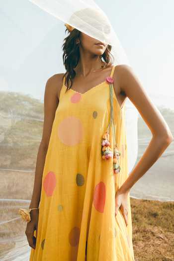 Buy_Nimbu Mirchi_Yellow Cotton, Linen V-neck Gems Polka Dot Print Dress _Online_at_Aza_Fashions
