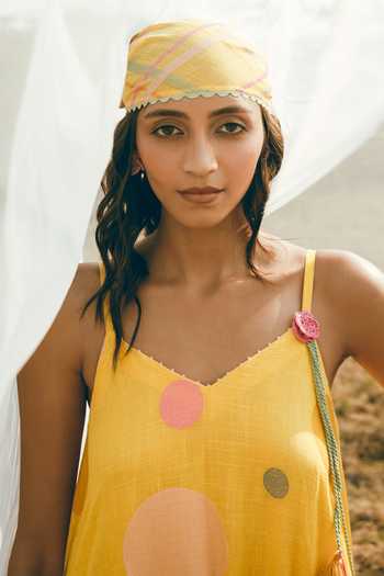 Shop_Nimbu Mirchi_Yellow Cotton, Linen V-neck Gems Polka Dot Print Dress _Online_at_Aza_Fashions