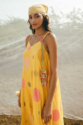 Nimbu Mirchi_Yellow Cotton, Linen V-neck Gems Polka Dot Print Dress _at_Aza_Fashions