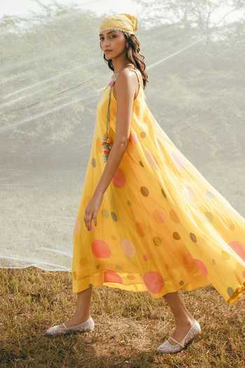 Shop_Nimbu Mirchi_Yellow Cotton, Linen V-neck Gems Polka Dot Print Dress _at_Aza_Fashions