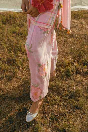 Shop_Nimbu Mirchi_Pink Cotton, Linen Scoop Neck Gulaboo Checkered Print Kurta And Salwar Set _Online_at_Aza_Fashions
